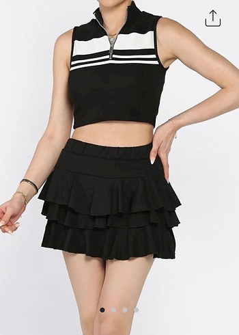 Siyah Fırfırlı Beli Lastikli Mini Etek - Görsel 2
