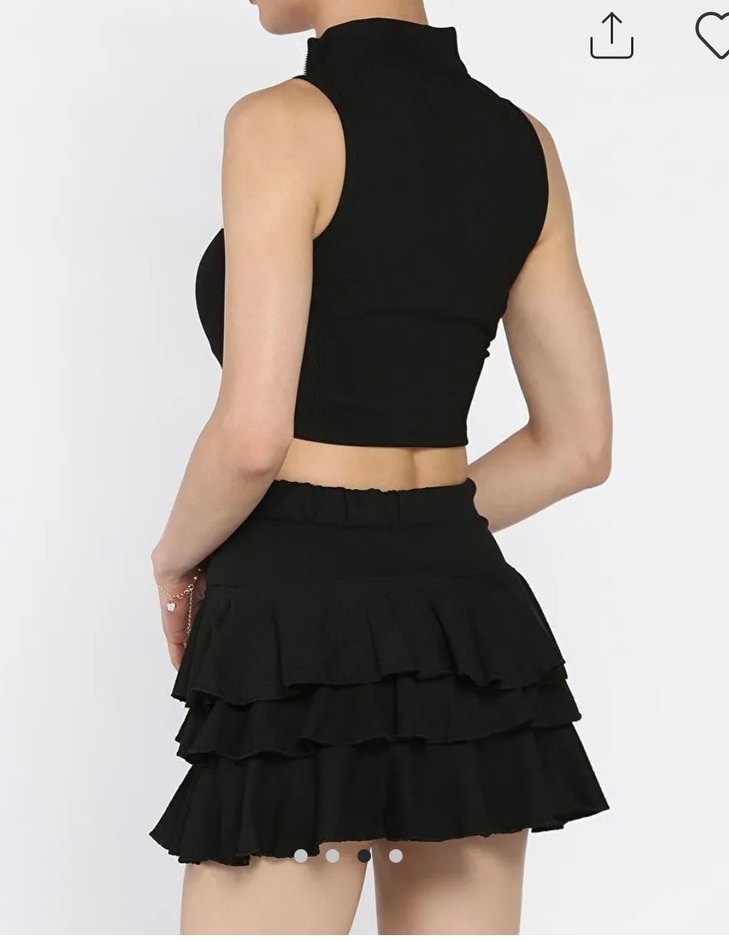 Siyah Fırfırlı Beli Lastikli Mini Etek - Görsel 3