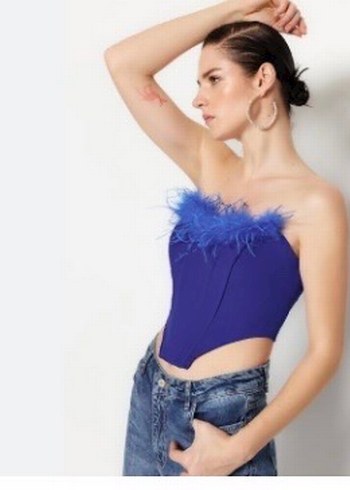 Saks Mavisi Otrişli Astarlı Crop - Görsel 2