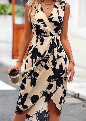 Bej Siyah Desenli V Yaka Uzun Elbise - Görsel 3