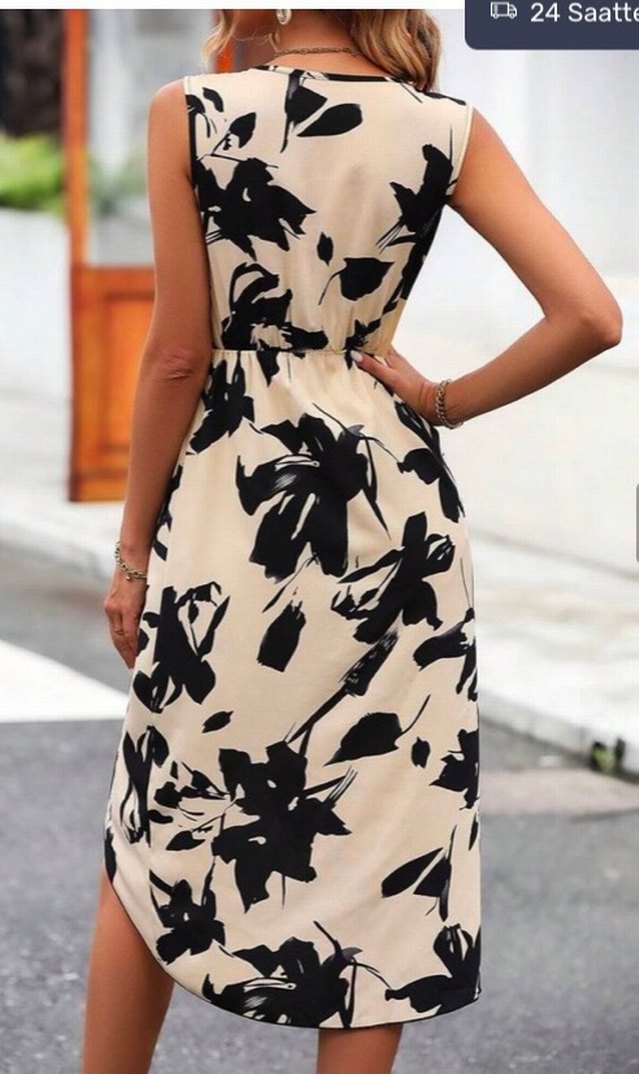 Bej Siyah Desenli V Yaka Uzun Elbise - Görsel 4