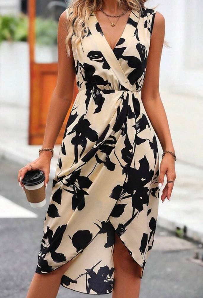 Bej Siyah Desenli V Yaka Uzun Elbise - Görsel 3