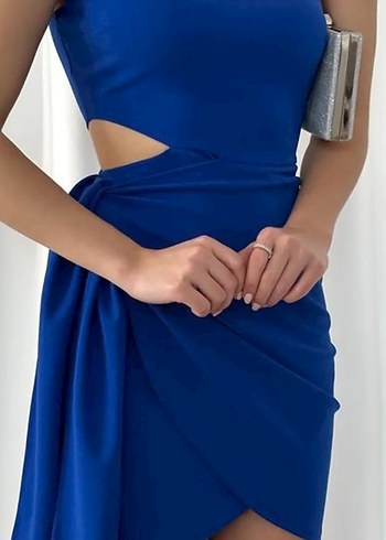 Mavi Drapeli Tek Omuz Mini Elbise - Görsel 3