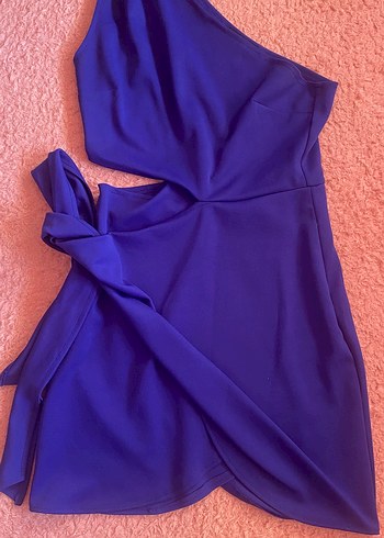 Mavi Drapeli Tek Omuz Mini Elbise - Görsel 5