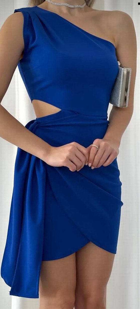 Mavi Drapeli Tek Omuz Mini Elbise - Görsel 3