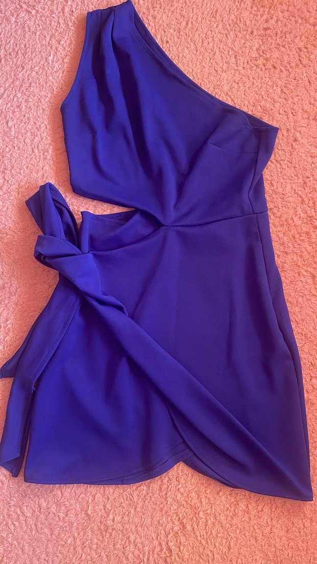 Mavi Drapeli Tek Omuz Mini Elbise - Görsel 5