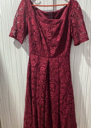 Bordo Dantel Midi Vintage Kadın Elbise