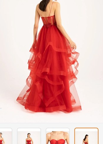 Kırmızı Fırfırlı Uzun Abiye Elbise - Görsel 2