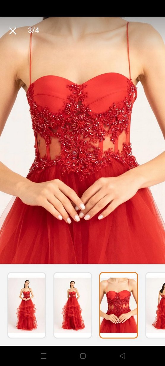 Kırmızı Fırfırlı Uzun Abiye Elbise - Görsel 3