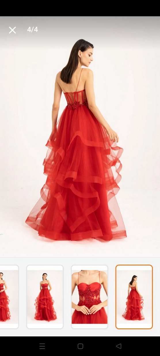 Kırmızı Fırfırlı Uzun Abiye Elbise - Görsel 2