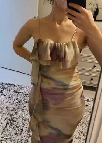 Bej Drapeli Midi İnce Askılı Elbise - Görsel 2