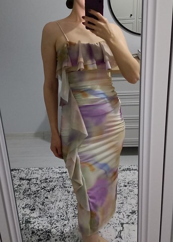 Bej Drapeli Midi İnce Askılı Elbise - Görsel 3