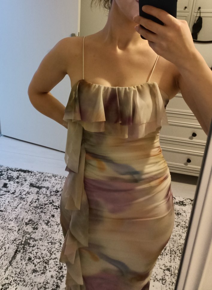 Bej Drapeli Midi İnce Askılı Elbise - Görsel 2