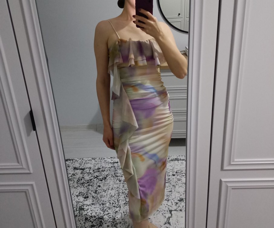 Bej Drapeli Midi İnce Askılı Elbise - Görsel 3