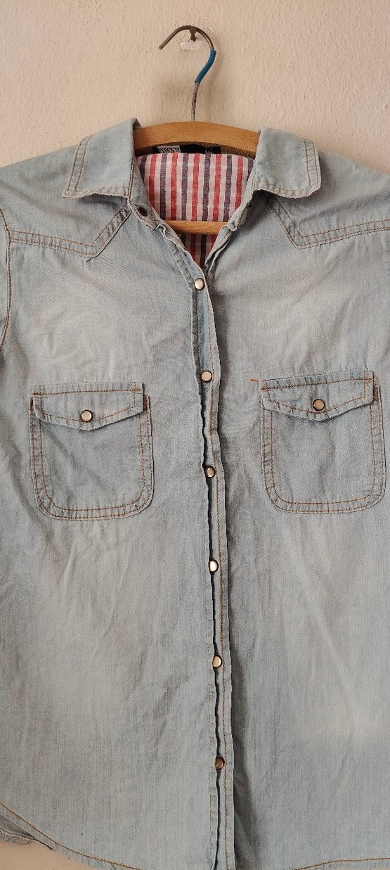 Düğmeli Uzun Kollu Denim Kadın Gömlek - Görsel 2