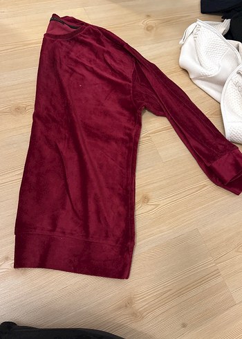 Bordo Süet V Yakalı Kadın Sweatshirt