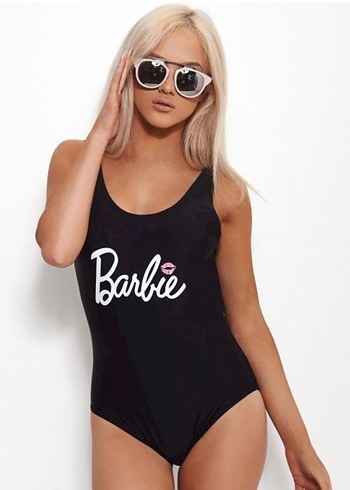 Siyah Barbie Baskılı Kadın Mayo