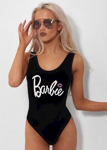 l Beden siyah Renk Siyah Barbie Baskılı Kadın Mayo