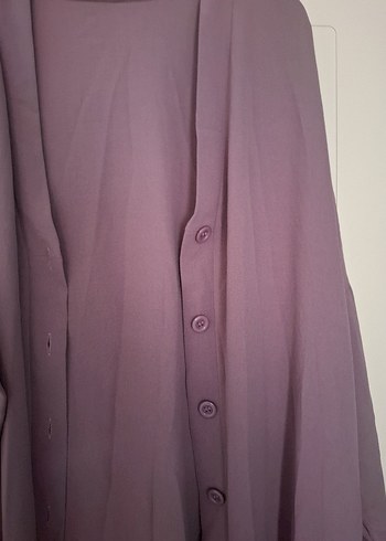 Düğmeli Uzun Mor Kadın Hırka - Görsel 5