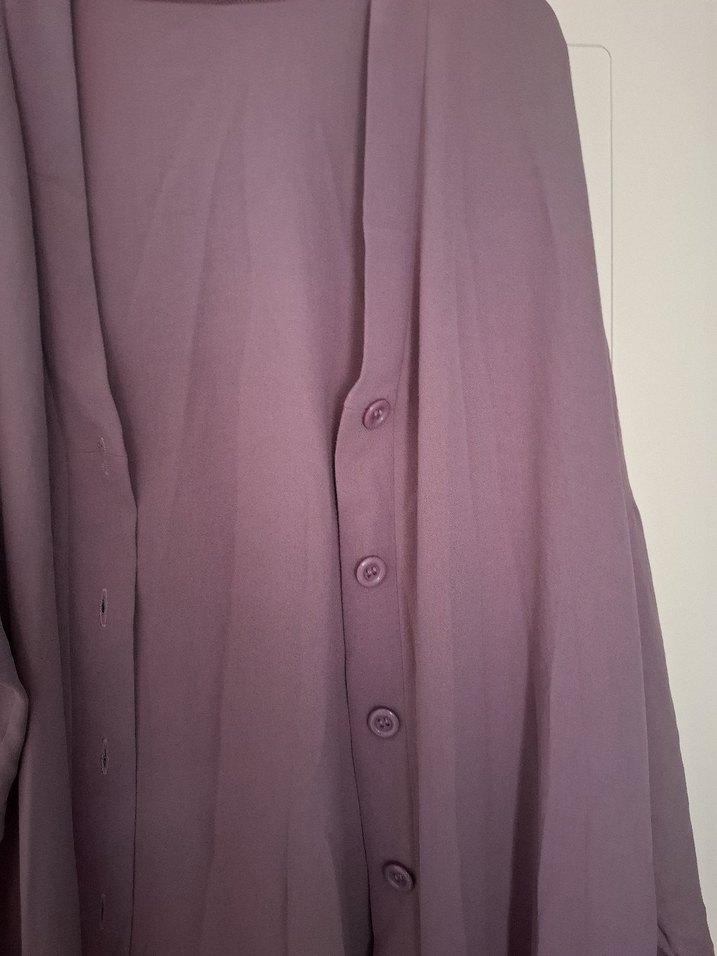 Düğmeli Uzun Mor Kadın Hırka - Görsel 5