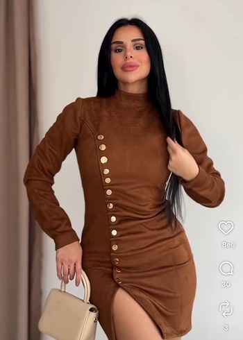 Düğmeli Kahverengi Süet Mini Elbise - Görsel 2