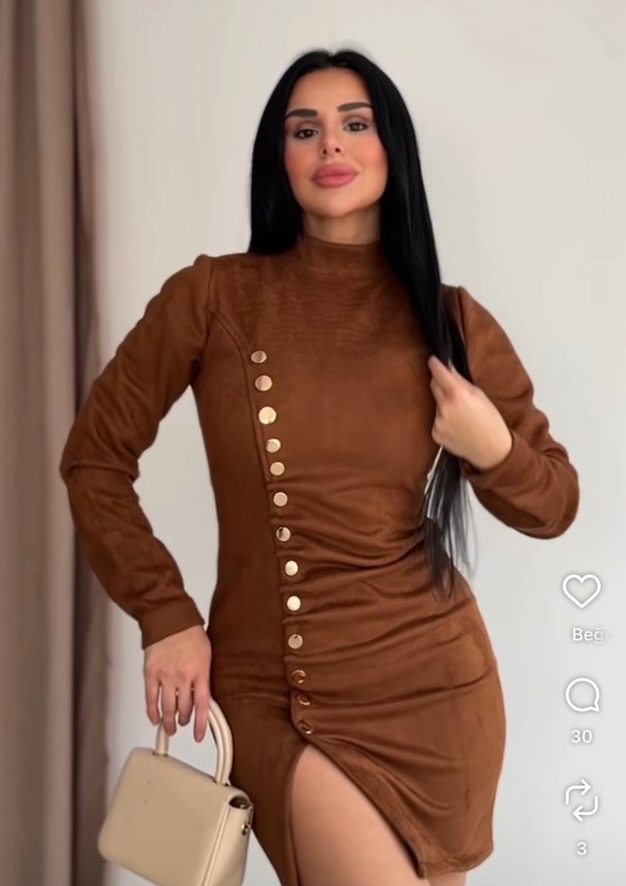 Düğmeli Kahverengi Süet Mini Elbise - Görsel 2