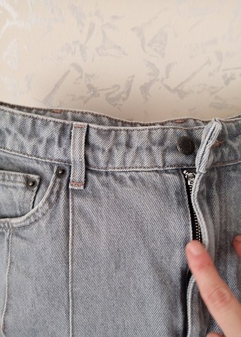 Gri Denim Pileli Midi Etek - Görsel 2