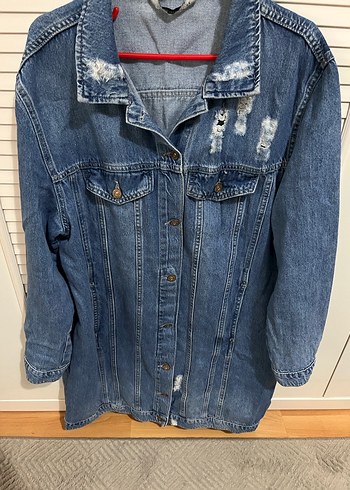 Düğmeli Mavi Midi Denim Ceket