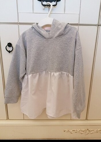 Kız Çocuk Gri Kapüşonlu Fırfırlı Sweatshirt takim