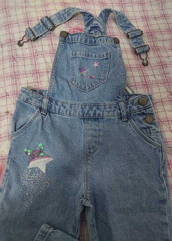 Kız Çocuk Mavi Nakışlı Denim Salopet
