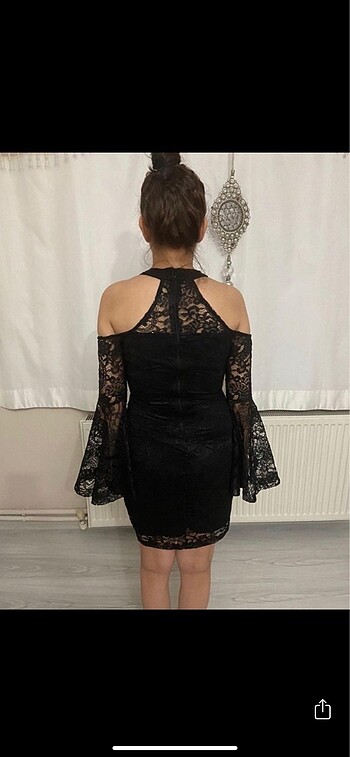 38 Beden siyah Renk Güpürlü Dantelli Elbise