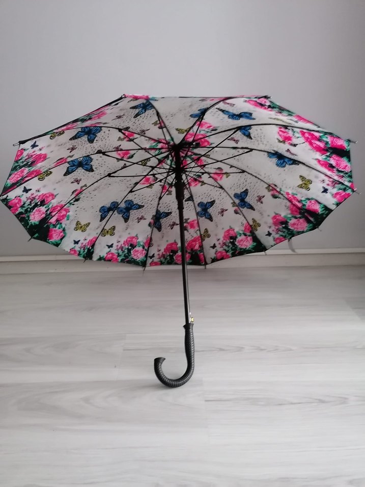 Çiçek ve Kelebek Desenli Baston Şemsiye 12Telli - Görsel 2