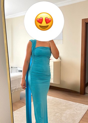s Beden Mavi Drapeli Straplez Abiye Elbise