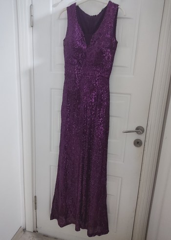 Parlak Yılan Desenli Uzun Mor Abiye Elbise - Görsel 2