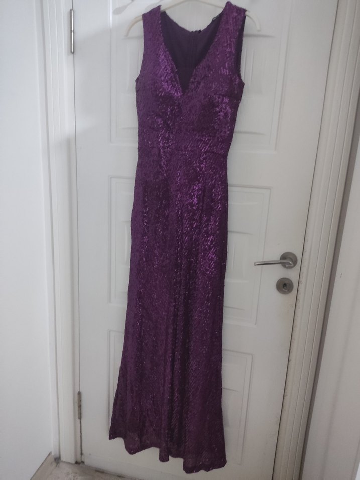 Parlak Yılan Desenli Uzun Mor Abiye Elbise - Görsel 2