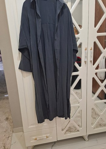 Gri Önden Düğmeli Uzun Keten Elbise
