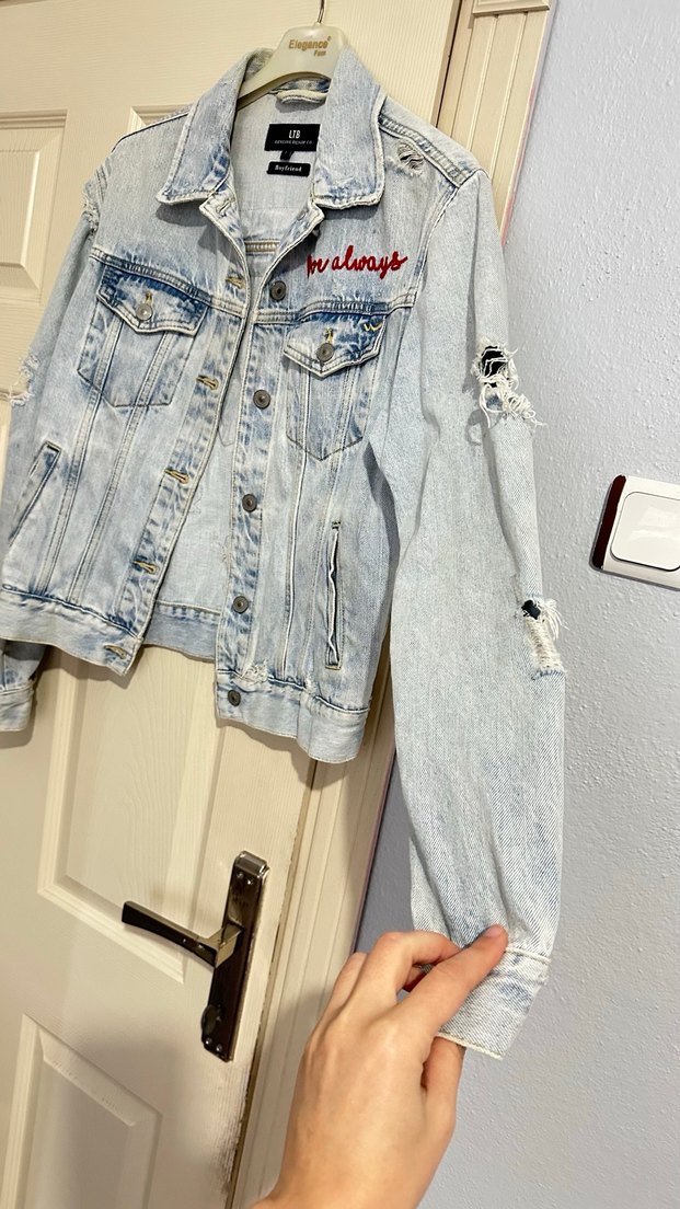 Nakışlı Gri Kadın Denim Ceket - Görsel 2