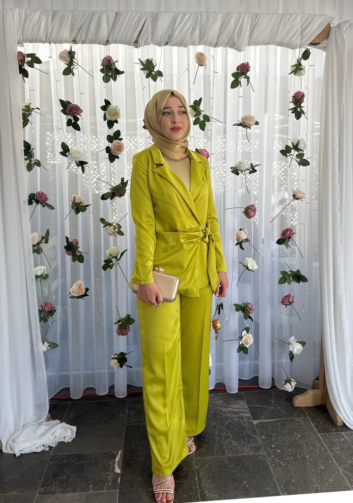 Yağ yeşili Drapeli Kadın Midi Blazer Ceket Takım - Görsel 3