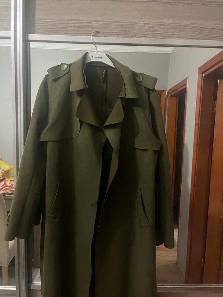 Kadın Haki Uzun Kemerli Trençkot süet - Görsel 3