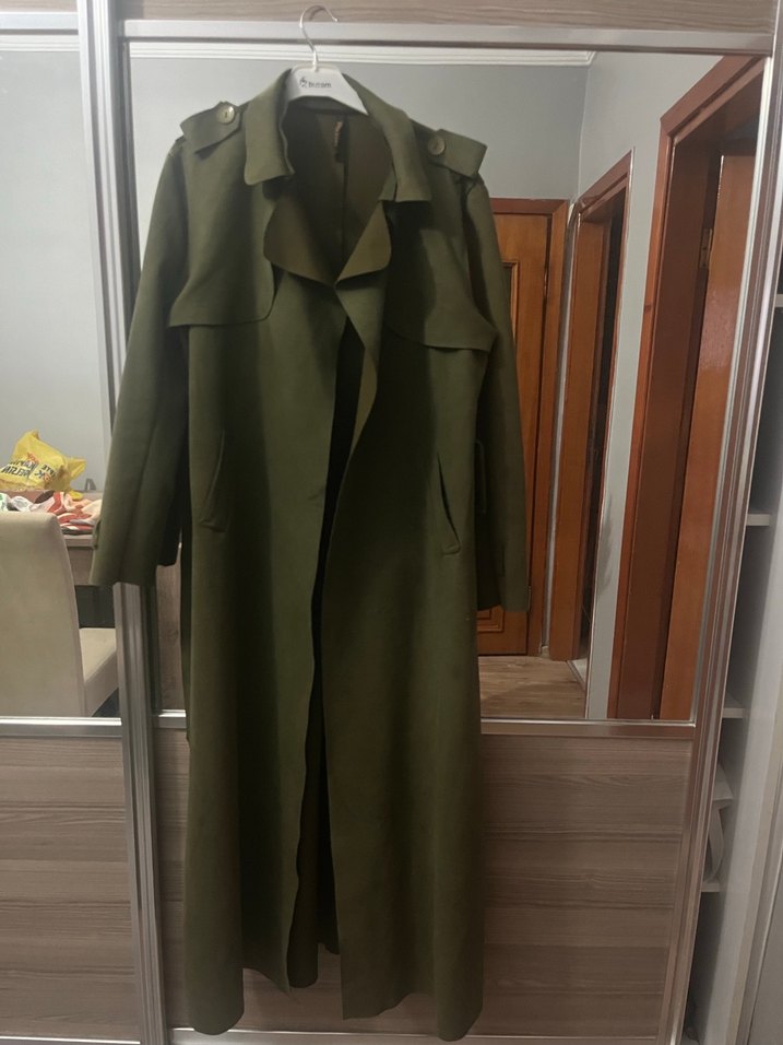 Kadın Haki Uzun Kemerli Trençkot süet - Görsel 2