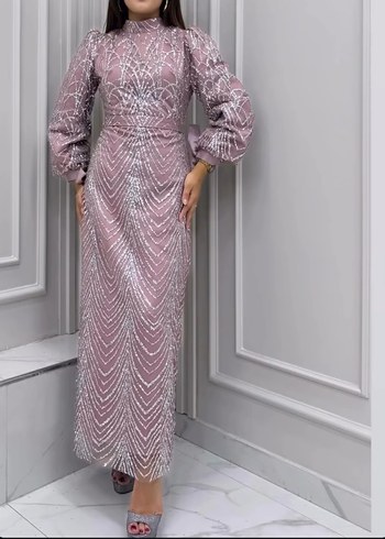 Pembe Payet İşlemeli Uzun Abiye Elbise - Görsel 2