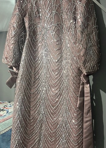 Pembe Payet İşlemeli Uzun Abiye Elbise - Görsel 8
