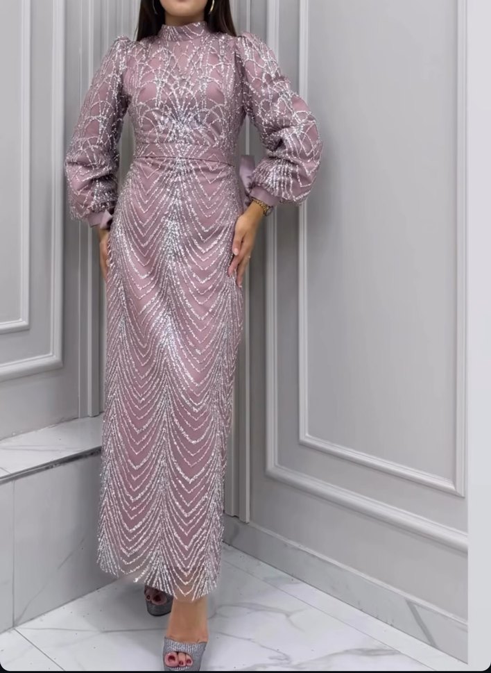 Pembe Payet İşlemeli Uzun Abiye Elbise - Görsel 2