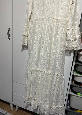 Uzun Beyaz Nakışlı Pamuklu Bohem Elbise - Görsel 2