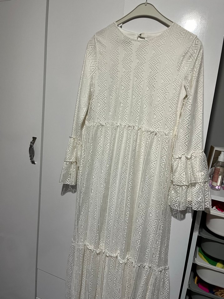 Uzun Beyaz Nakışlı Pamuklu Bohem Elbise - Görsel 3