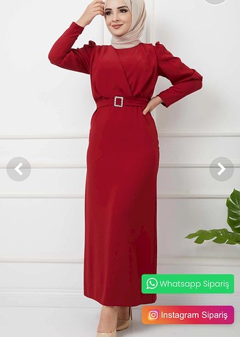 Kemerli bordo Uzun V Yaka Elbise