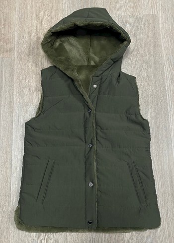 Kapüşonlu, Kürk Detaylı Haki Kadın Yelek.Çift Yönlü - Görsel 10