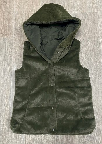 Kapüşonlu, Kürk Detaylı Haki Kadın Yelek.Çift Yönlü - Görsel 4