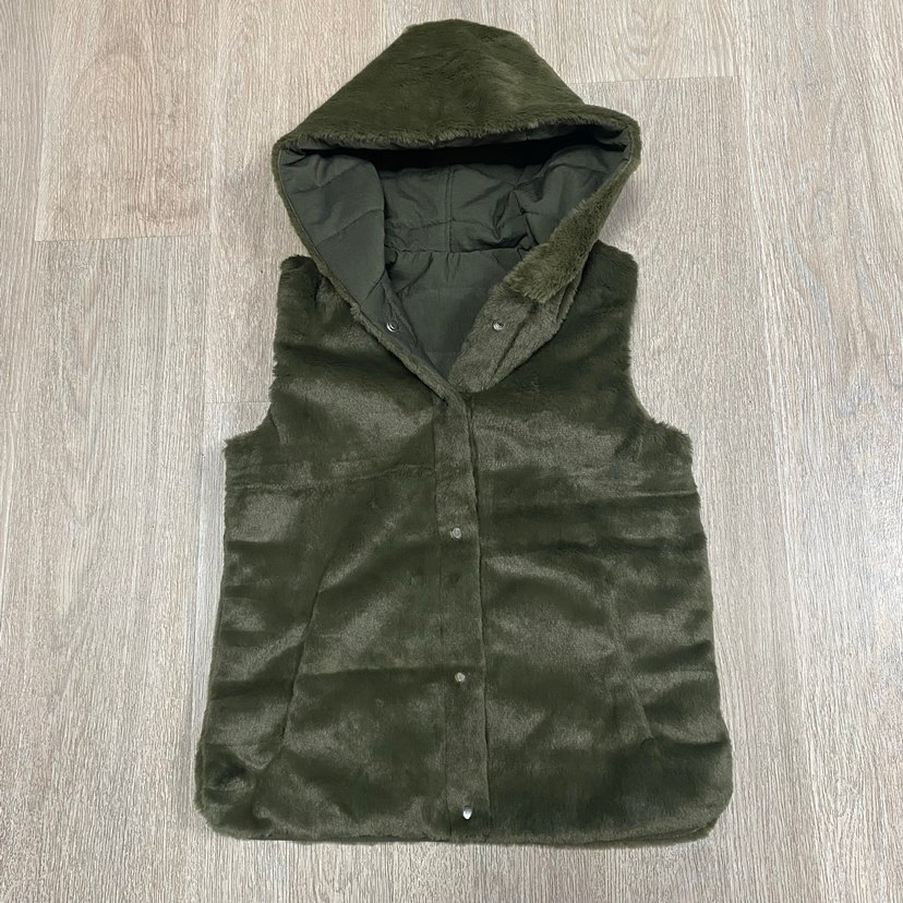 Kapüşonlu, Kürk Detaylı Haki Kadın Yelek.Çift Yönlü - Görsel 4