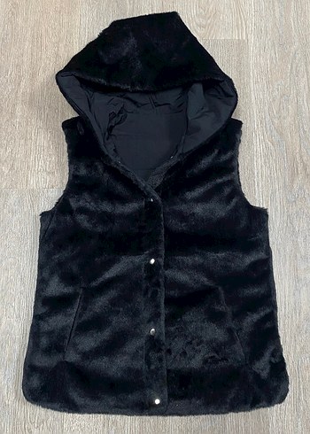 Siyah Kapüşonlu Kürklü Kadın Yelek.Çift Yönlü - Görsel 6